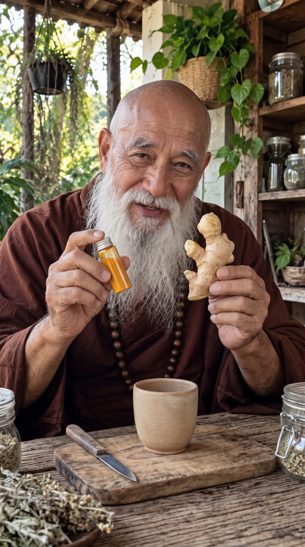 Master Ren holding ginger and turmeric