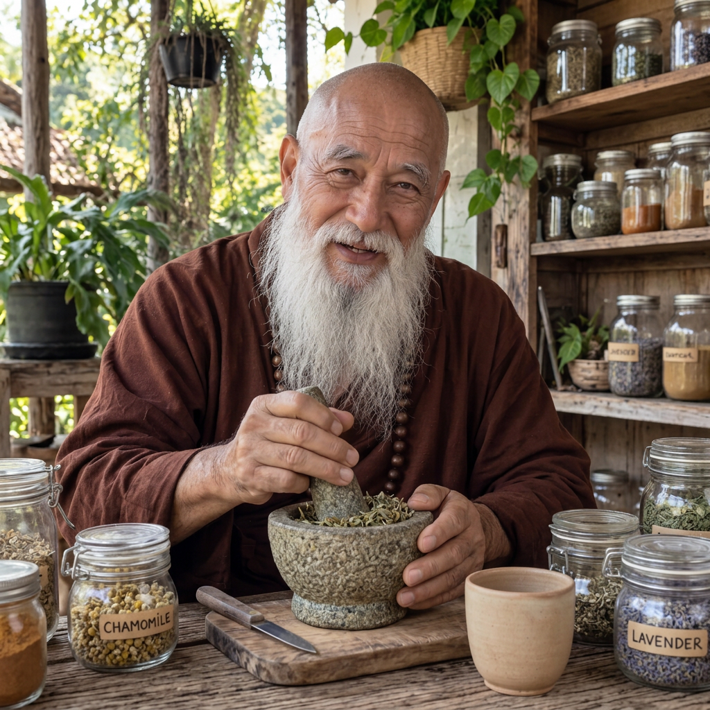 Master Ren grinding herbs with a mortar